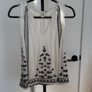 Anthropologie White and Black Embroidered Sleeveless Top